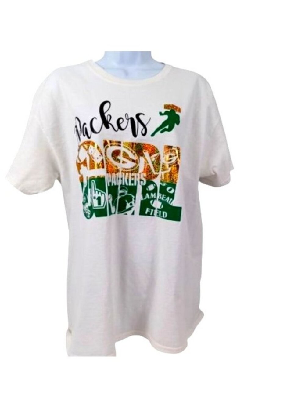 T-Shirt GB Packer Lambeau Field Football Graphic Glitter Gildan White Women's Lg